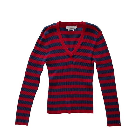 Tommy Hilfiger striped red blue navy long sleeved knit sweater top Vneck XL - Picture 1 of 10